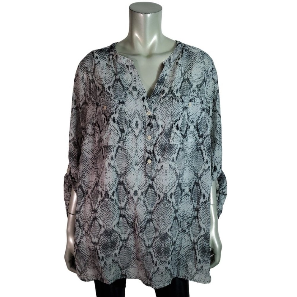 Apt 9 Top Plus Size 2X Snake Print Tab Sleeve Pockets Lined‎ Long Sleeve Gray